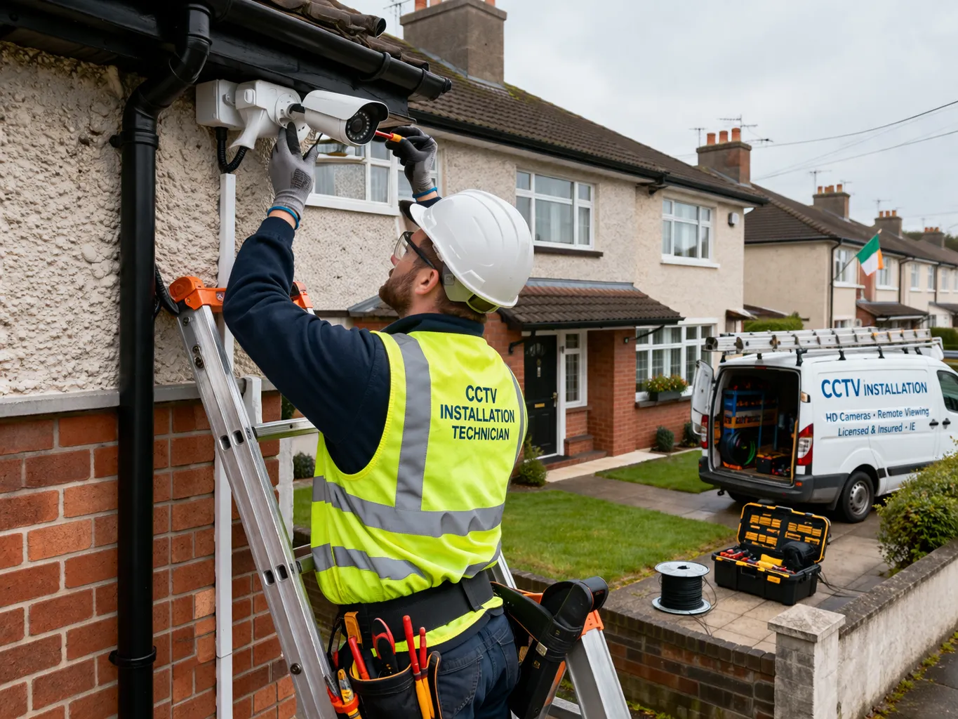 CCTV installer working on a residential security camera system
