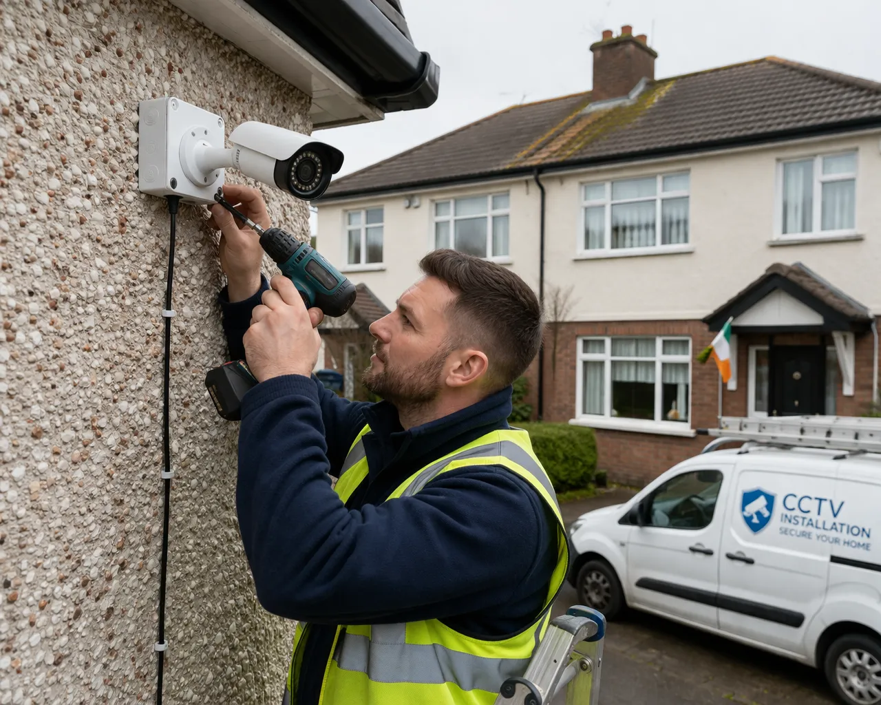 CCTV installer fitting a security camera to a home exterior
